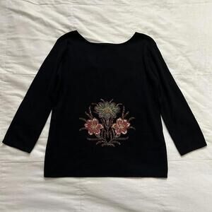 Vintage silk blend Embroider beaded floral black sweater 3/4 sleeves Size medium